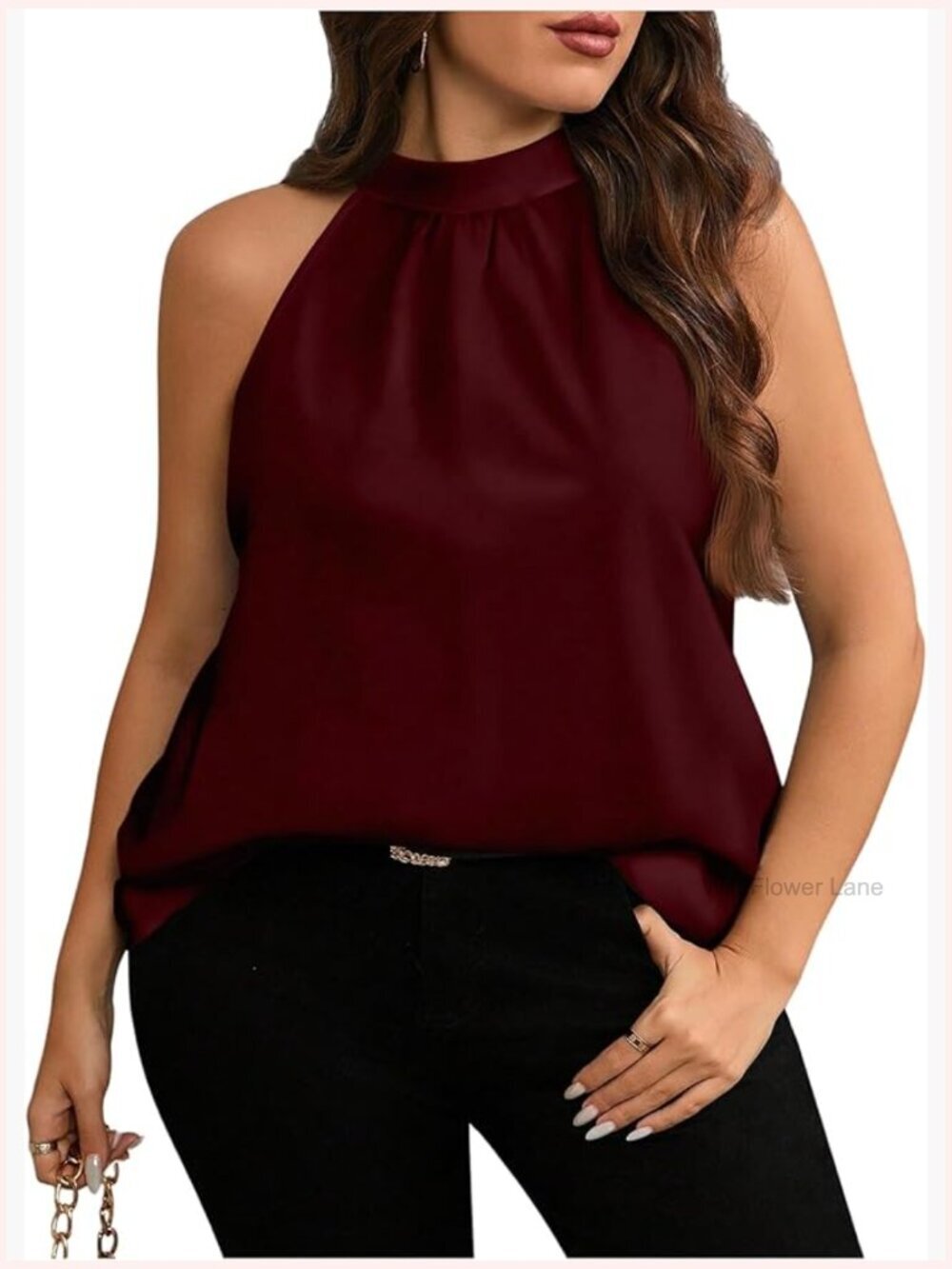 Plus Size Sleeveless Halter Pleated Blouse Keyhole Back Business Casual Dressy